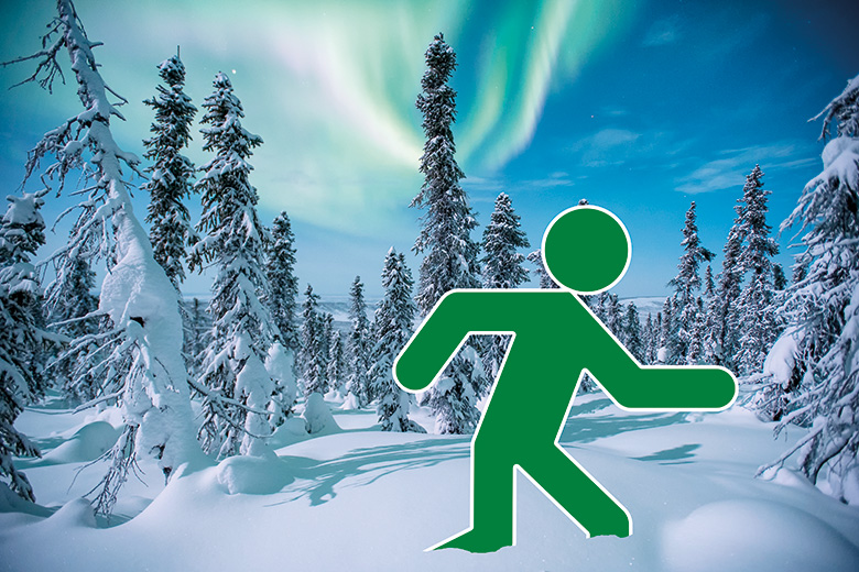 Green man running through snow