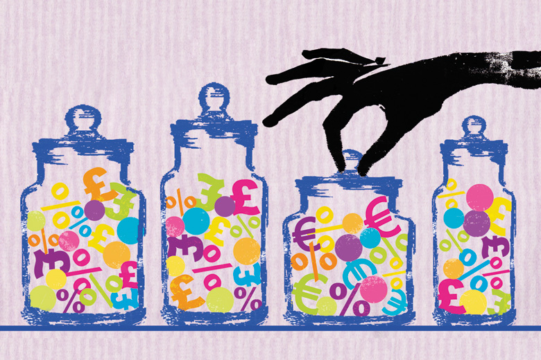 Hand opening candy jars full of currency symbols