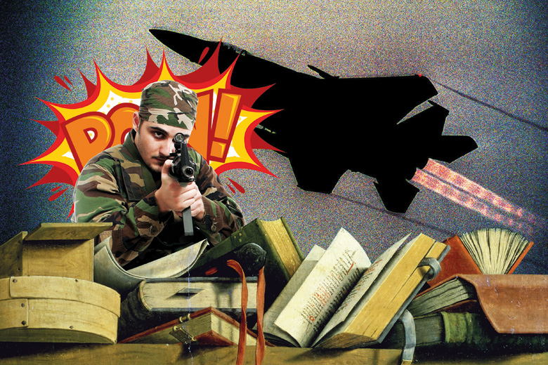 Montage of soldier, miltary plane and academic textbooks