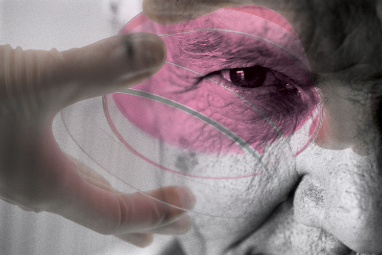 Petri dish superimposed over elderly person's face