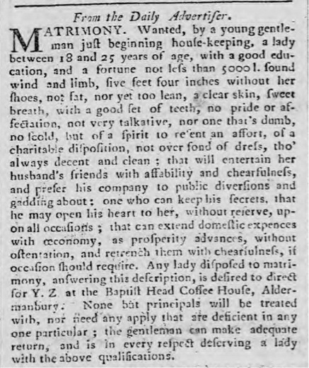 Personal ad from the Caledonian Mercury 1764