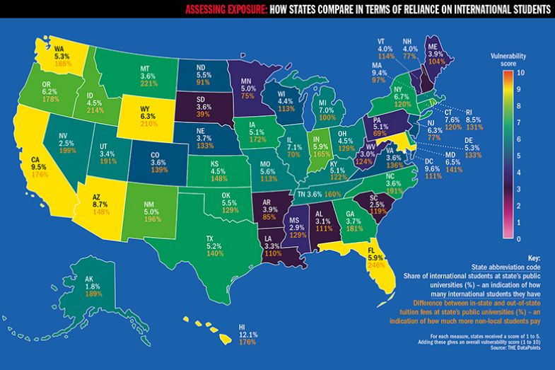 Map of the US showing how states compare in terms of reliance on international students