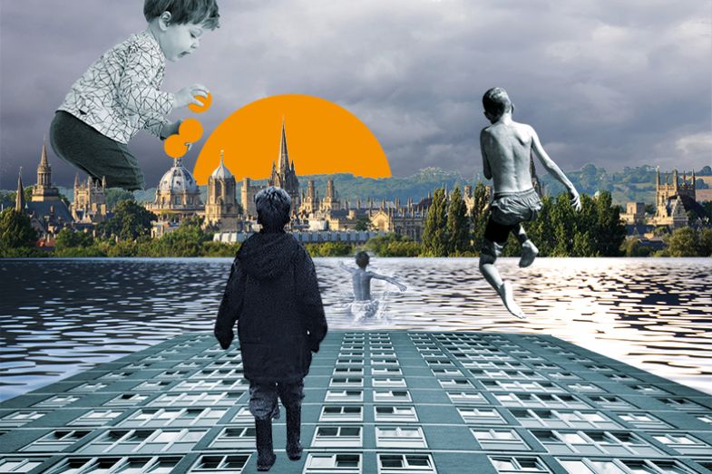 50 years of Times Higher Education - collage showing children unable to jump across water to reach university spires, to suggest funding should go to schools - widening participation