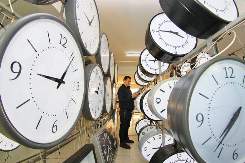 Man surrounded by clocks