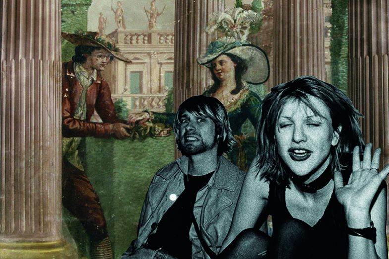 Montage of Kurt Cobain and Courtney Love with painting of courtship