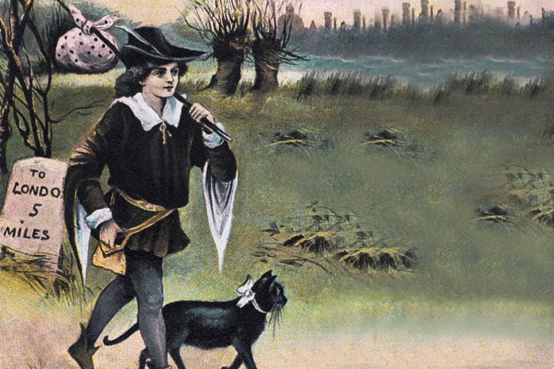Dick Whittington on his way to London with his lucky black cat. 