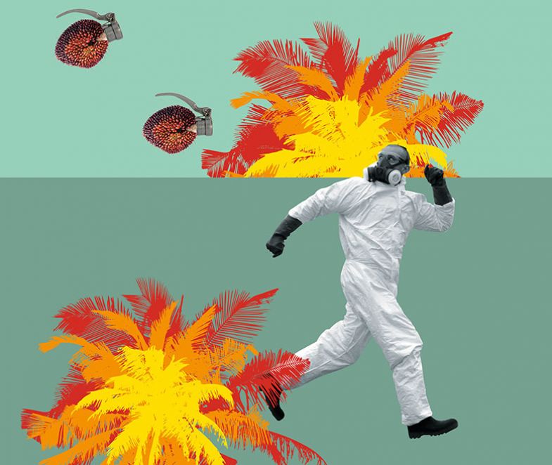 Illustration/photo montage of man running from hand grenades