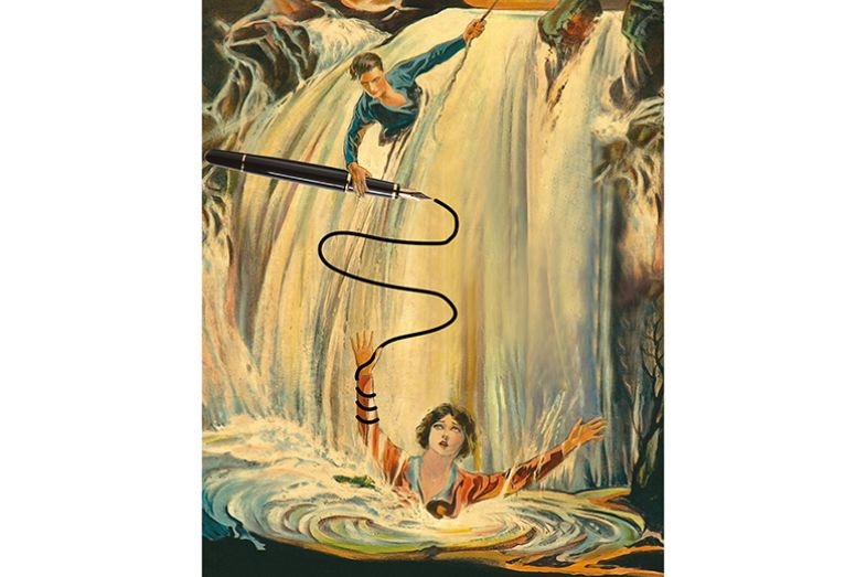 Montage of vintage movie poster for ‘The Best Bad Man’ of a drowning woman being rescued by a man with a pen