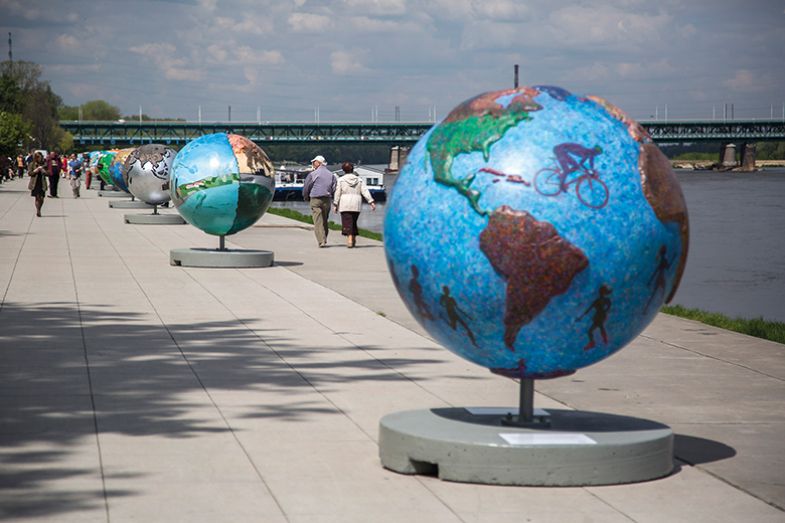 Globes on riverbank