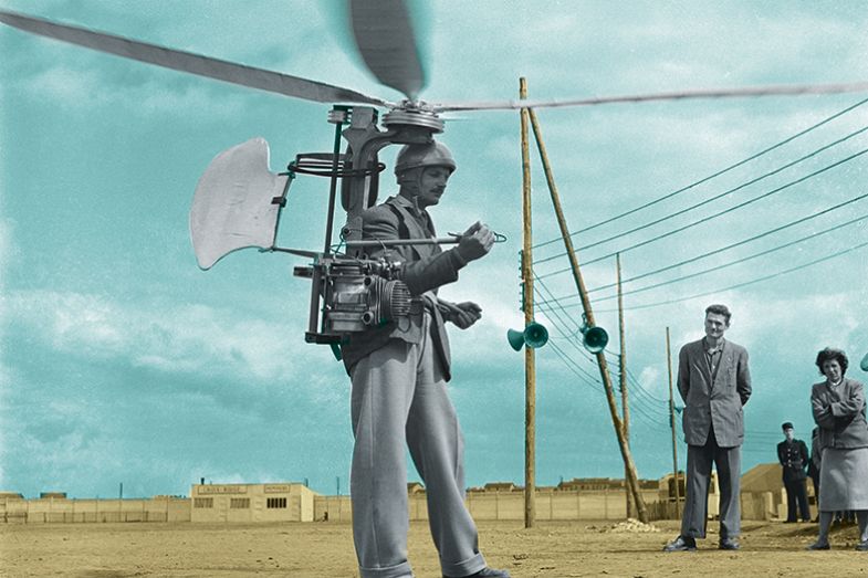 Man with helicopter blades on head
