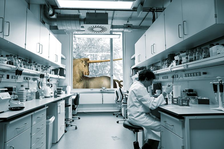 Unicorn peeking through lab window