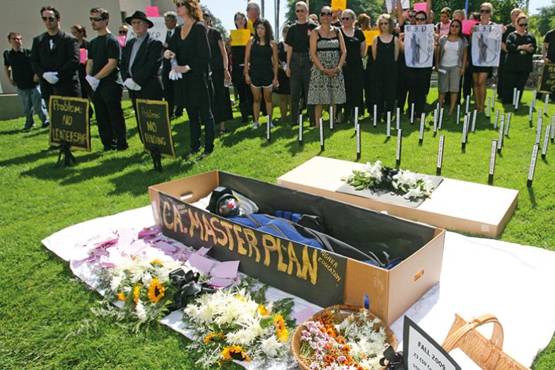 Protesters around a coffin with masterplan written on the side