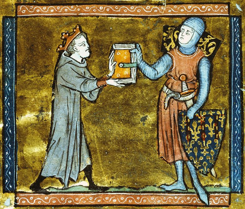 Adenes Le Roi presenting his book to the Count of Artois, miniature from a Latin manuscript, 13th Century