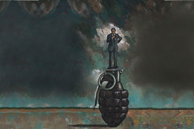 Illustration of man stood on hand grenade