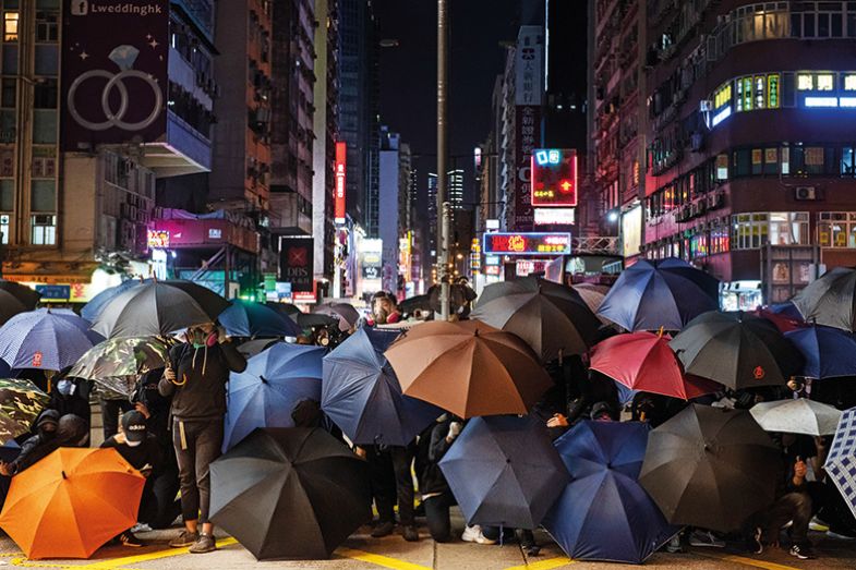 Protesters with umbrellas in Hong Kong, 2020