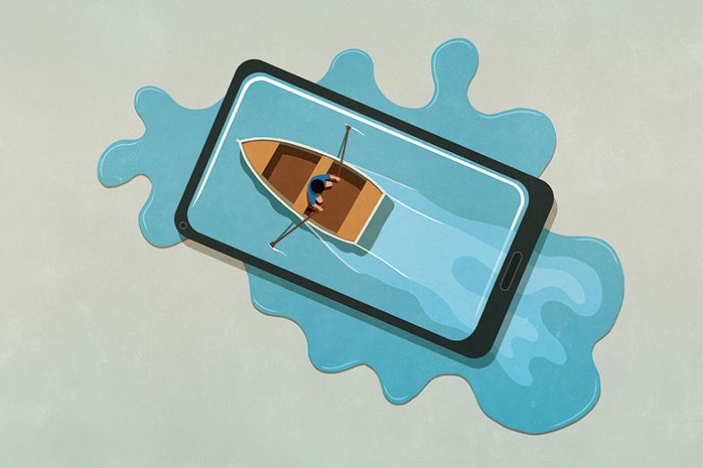Work-Life Balance Survey 2022. Rowing boat on iphone screen.