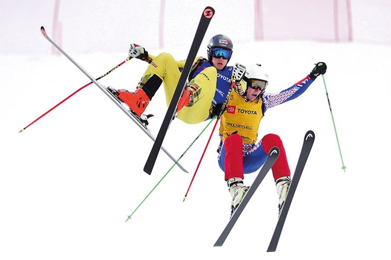 skiers jump