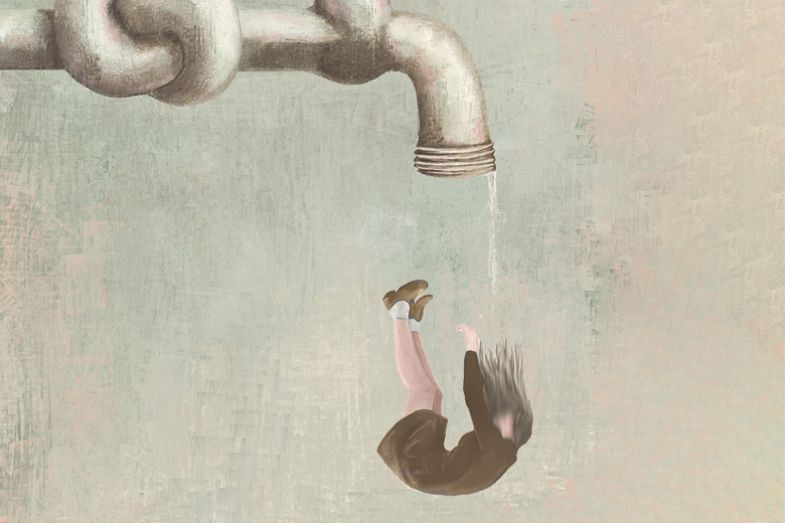 Illustration: a woman falls out of a leaky tap