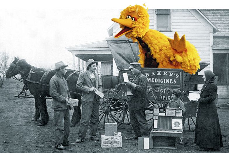Montage of Big Bird from Sesame Street on horse and cart