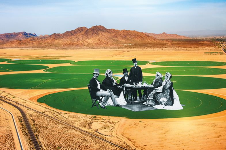 Montage of historical people having a picnic on irrigated sections of a desert
