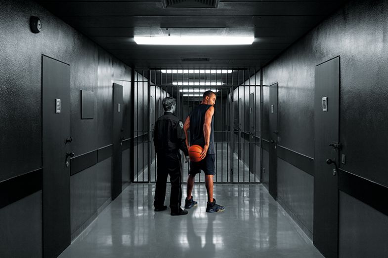 Montage of basketball player being led in to prison