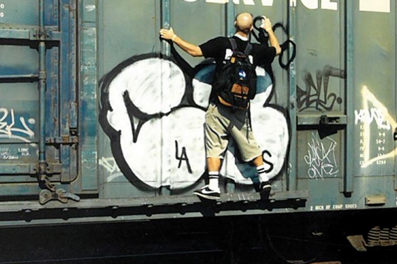 Stefano Bloch tagging a train in 1996, before his life as an academic