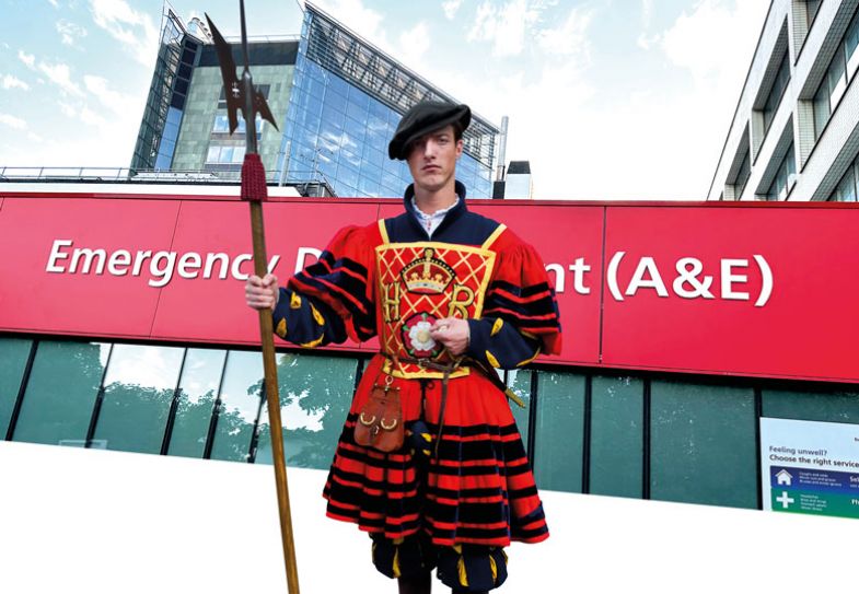 Montage of royal guard in front of a hospital.