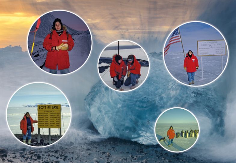 Montage of Susan Solomon at various locations on background Waves splasing on a washed up iceberg block