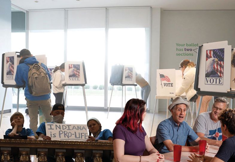 Montage of protestors in Indiana, A voting station and David Sanders chatting at a table 