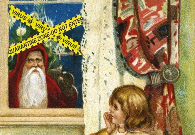 Santa looking through window with yellow tape over window reading 'Quarantinezone-do not enter'