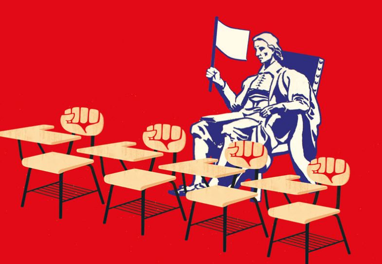 Montage man with white flag sitting behind lecture chairs with a fist in each one