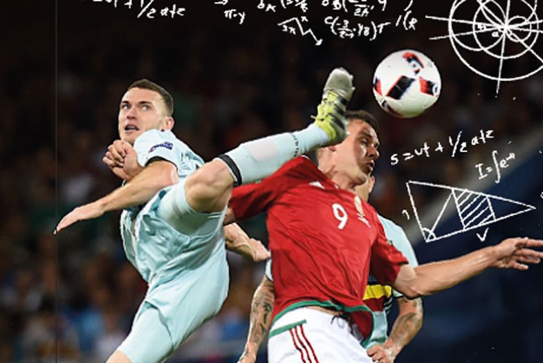 Footballers kicking ball with maths formula above.