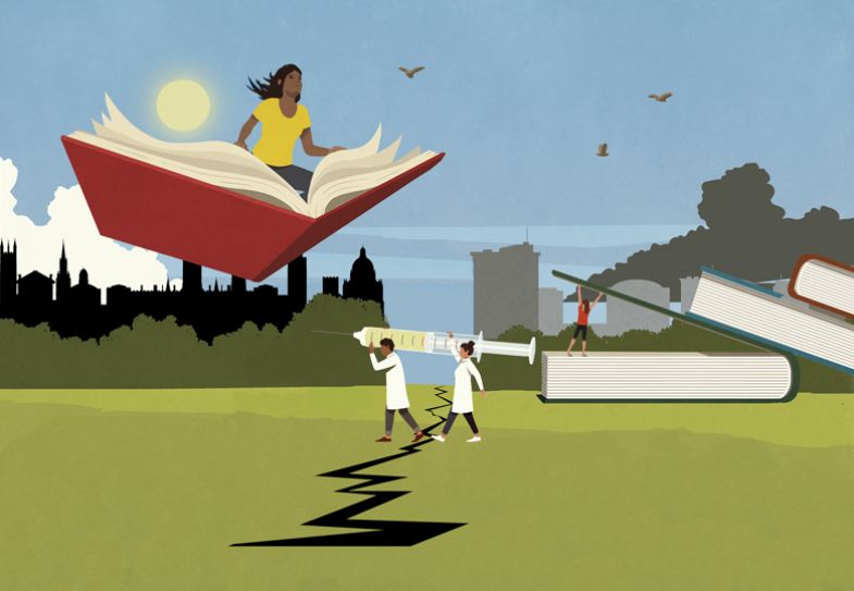 Illustration of person on a flying book and two people carrying a string with huge books in the background