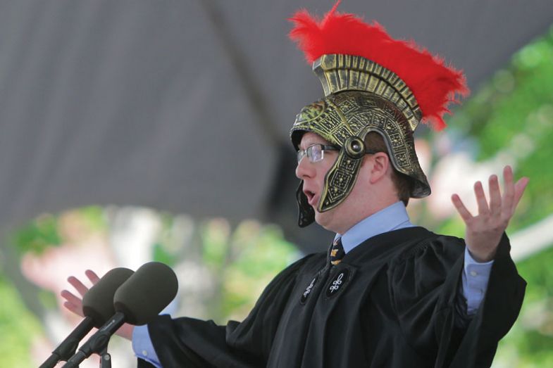 Student speaker and Latin orator Timothy Barry-Heffernan addresses the crowd at Harvard commencement in the Tercentenary Theatre of Harvard Yard