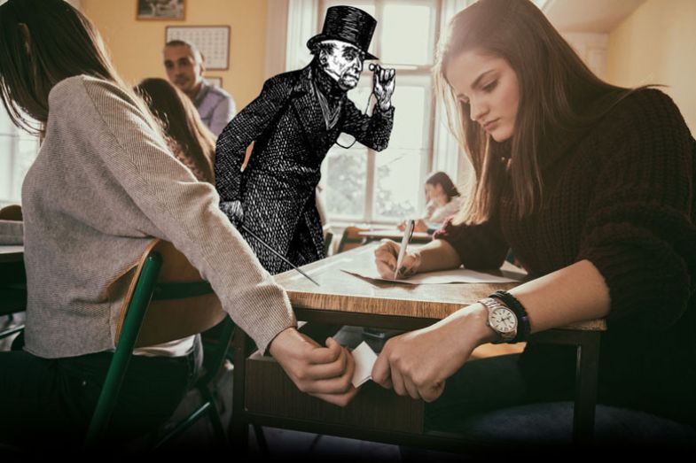 Teenage girls cheating during exam and passing paper note in the classroom. with a drawing of person in top hat looking as a metaphor for  Sympathy for Mr Gradgrind