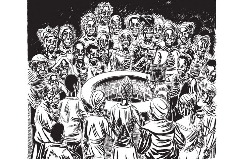 Illustration from Wake: The Hidden History of Women-Led Slave Revolts book of people at a well