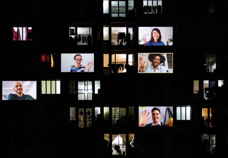 Zoom screen people waving along with outside of buildings
