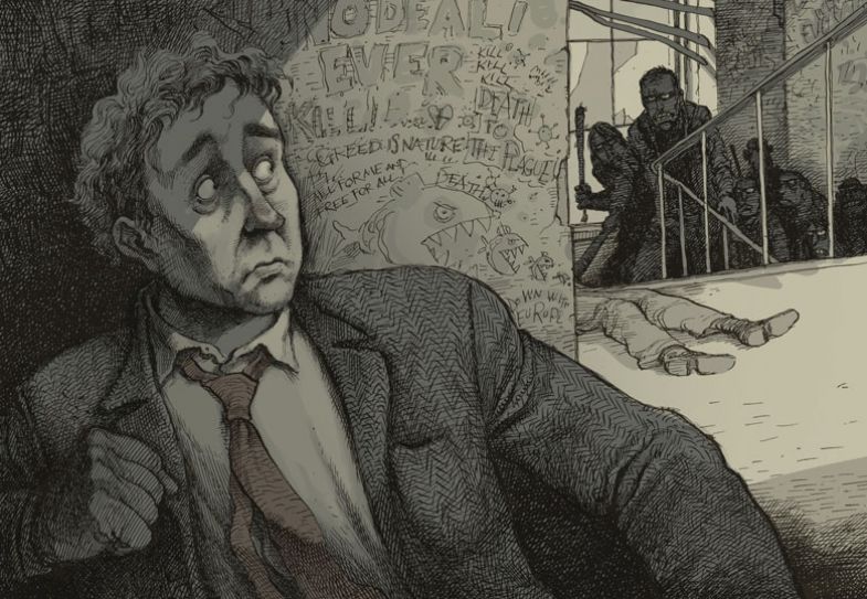 Illustration of a man looking behind at zombies coming up the stairs and a pair of legs on the floor.