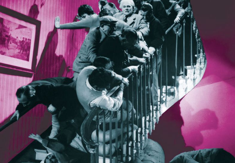 Film still of people falling down stairs to illustrate Job market forces