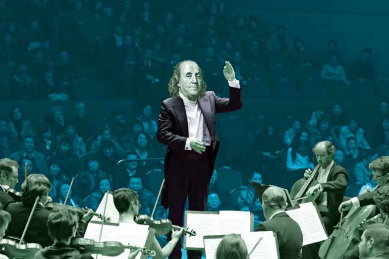 Montage of Benjamin Franklin as a conductor to an orchestra