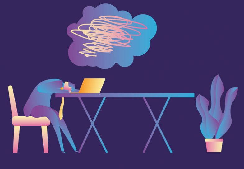 Illustration of exhausted person slumped over laptop on a table.