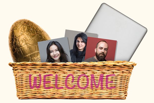 Montage of welcome basket containing Easter egg, photos and laptop