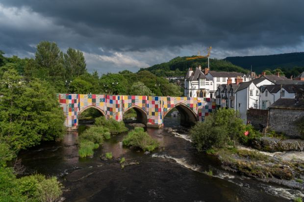 A temporary art installation with support from the Welsh Government, by Luke Jerram. Commissioned by the Eisteddfod in Llangollen. The 60m long bridge, is wrapped on both sides in a giant patchwork to reflect the crafts and cultures of Wales.