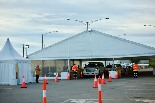 A temporary tent set up for public covid-19 drive through tests in Melbourne in July 2021 during the state's fifth lockdown to try to get the delta variant of the coronavirus eliminated.