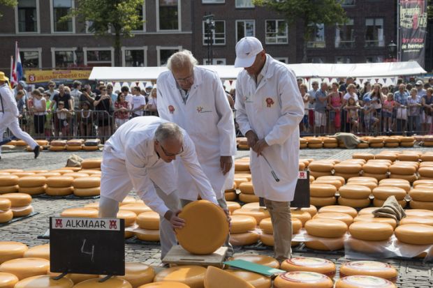 Alkmaar, Netherlands - July 20, 2018 Group of inspectors testing and approving the quality of the cheese at the Alkmaar cheese market