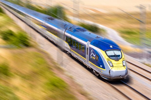 Baron, France - July 29, 2020 A Eurostar e320 high speed train is driving at full speed in the french countryside 