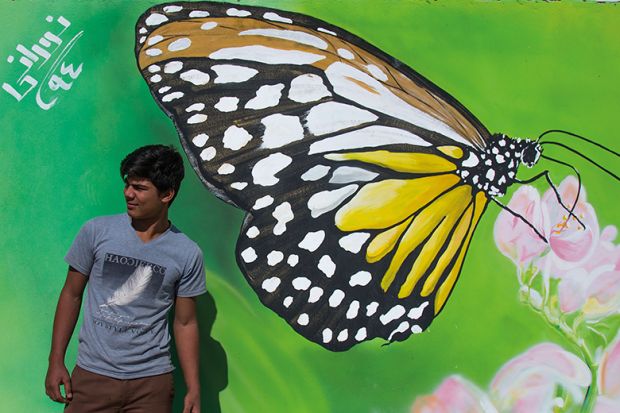 Man in front of a painted butterfly on a wall, Iran