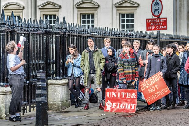 A protest outside Cambridge University during the pensions row 2018