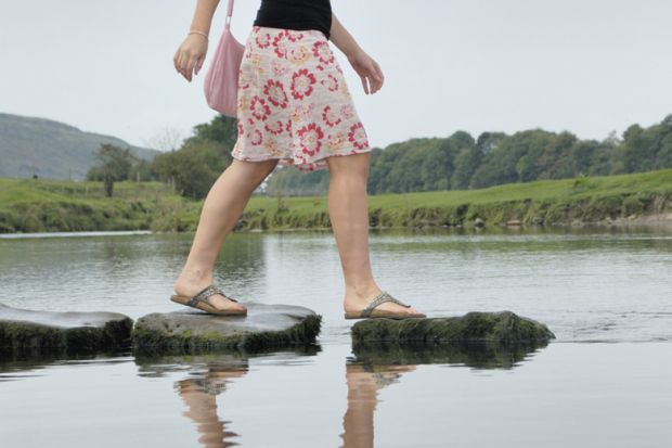 Career progression, woman walking across stepping stones in water