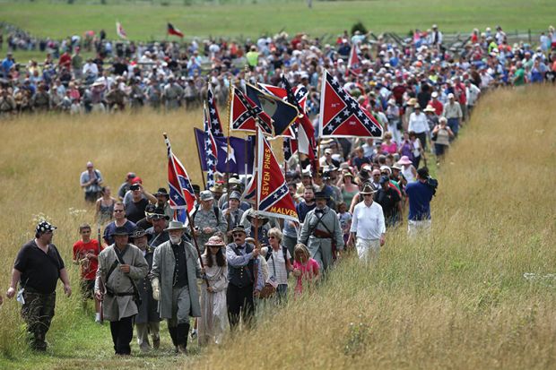 A re-enactment of Pickett’s Charge on the 150th anniversary of the Battle of Gettysburg on July 3, 2013 to illustrate a review of “American Exceptionalism: A New History of an Old Idea” by Ian Tyrrell
